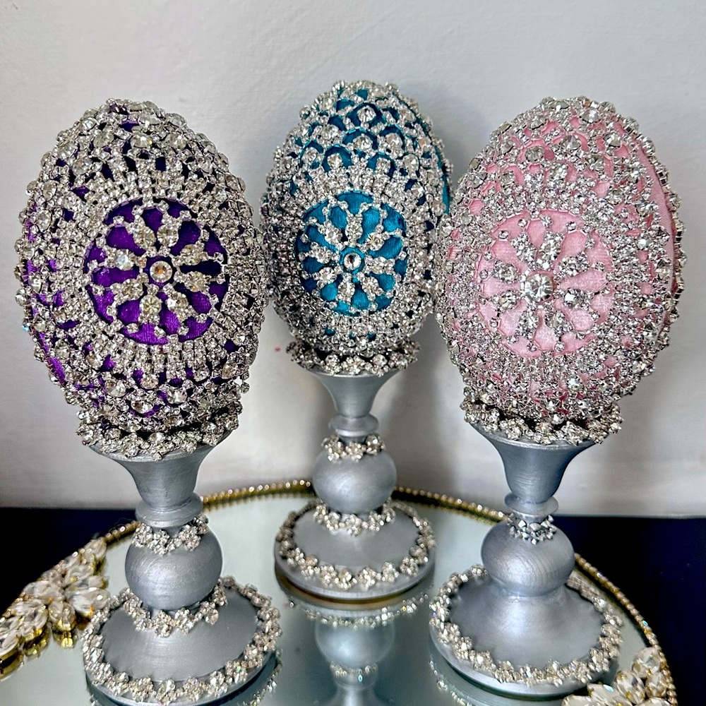 Luxury Easter Egg  with stand Decor 8,5 “ tall in Silver rhinestone appliqué